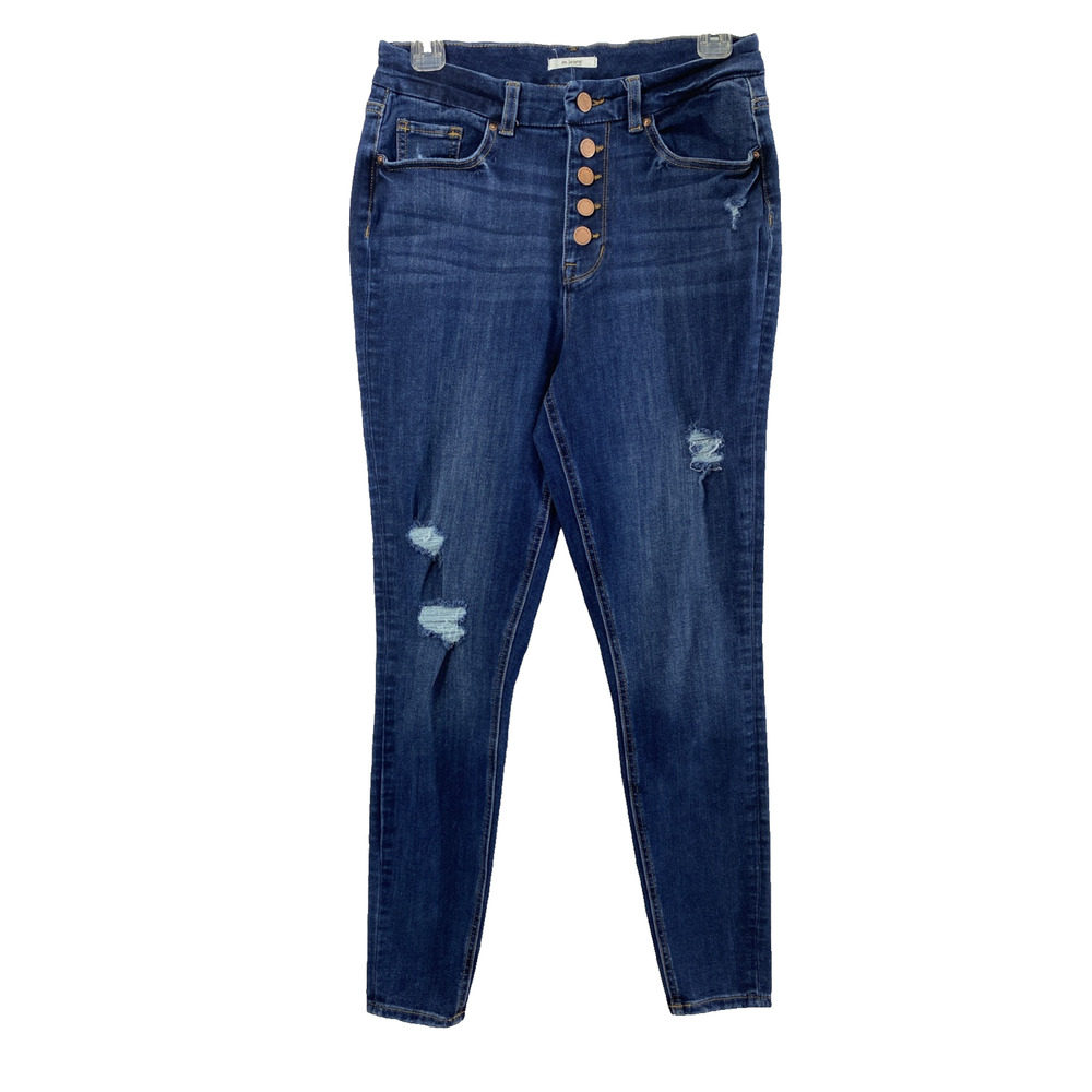 Maurice Button Fly Jeans Womens M‎ Long Destroyed Medium Wash Denim Skinny